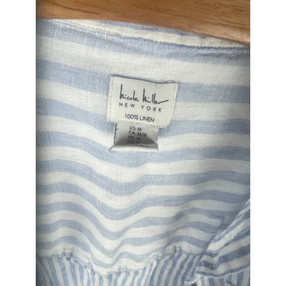 Nicole Miller Linen Blue White Stripe Button Shirt. coastal grandma preppy Beach - Picture 4 of 4